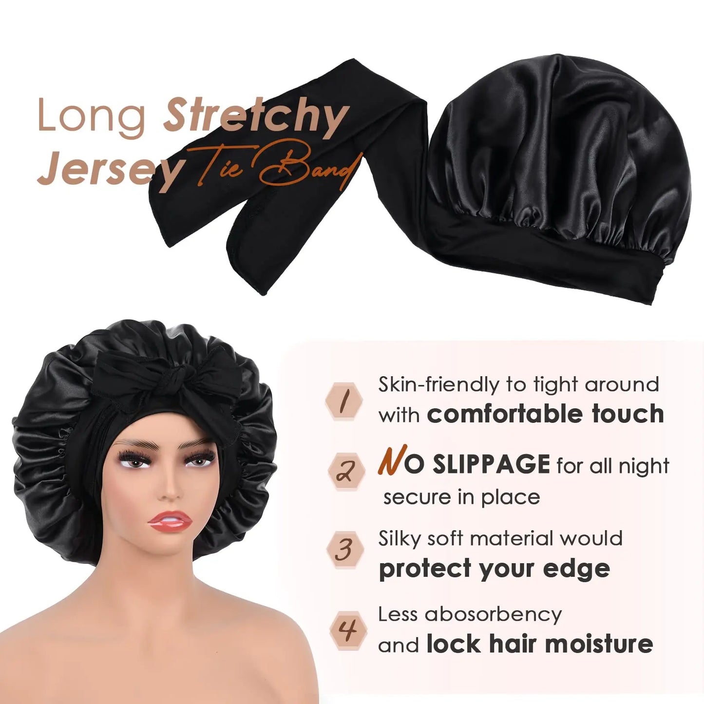 YANIBEST Satin Bonnet Silk Bonnet for Sleeping Double Layer Satin Lined Black Hair Bonnet with Tie Band Bonnets for Women Natural Curly Hair